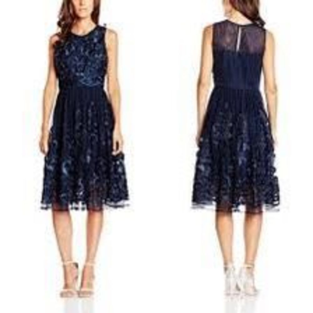 NWT Badgley Mischka Belle Vera Navy Blue Floral Appliqué Dress
